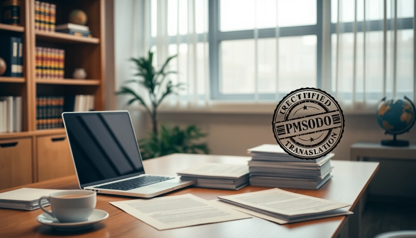 Professional sworn translator (traductor jurado) translating official documents in a warm, inviting office.