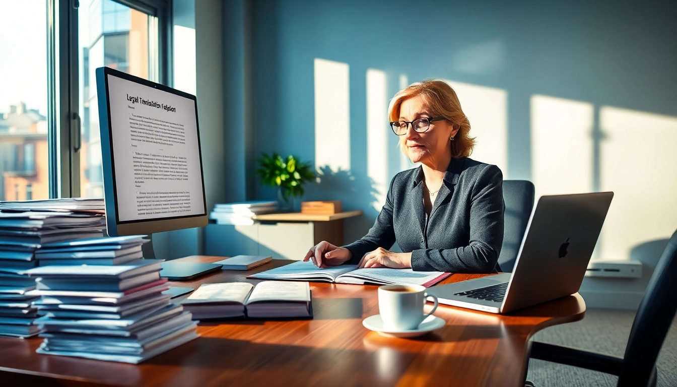 Traducteur assermenté allemand travaillant avec diligence sur des documents juridiques dans un environnement de bureau moderne.