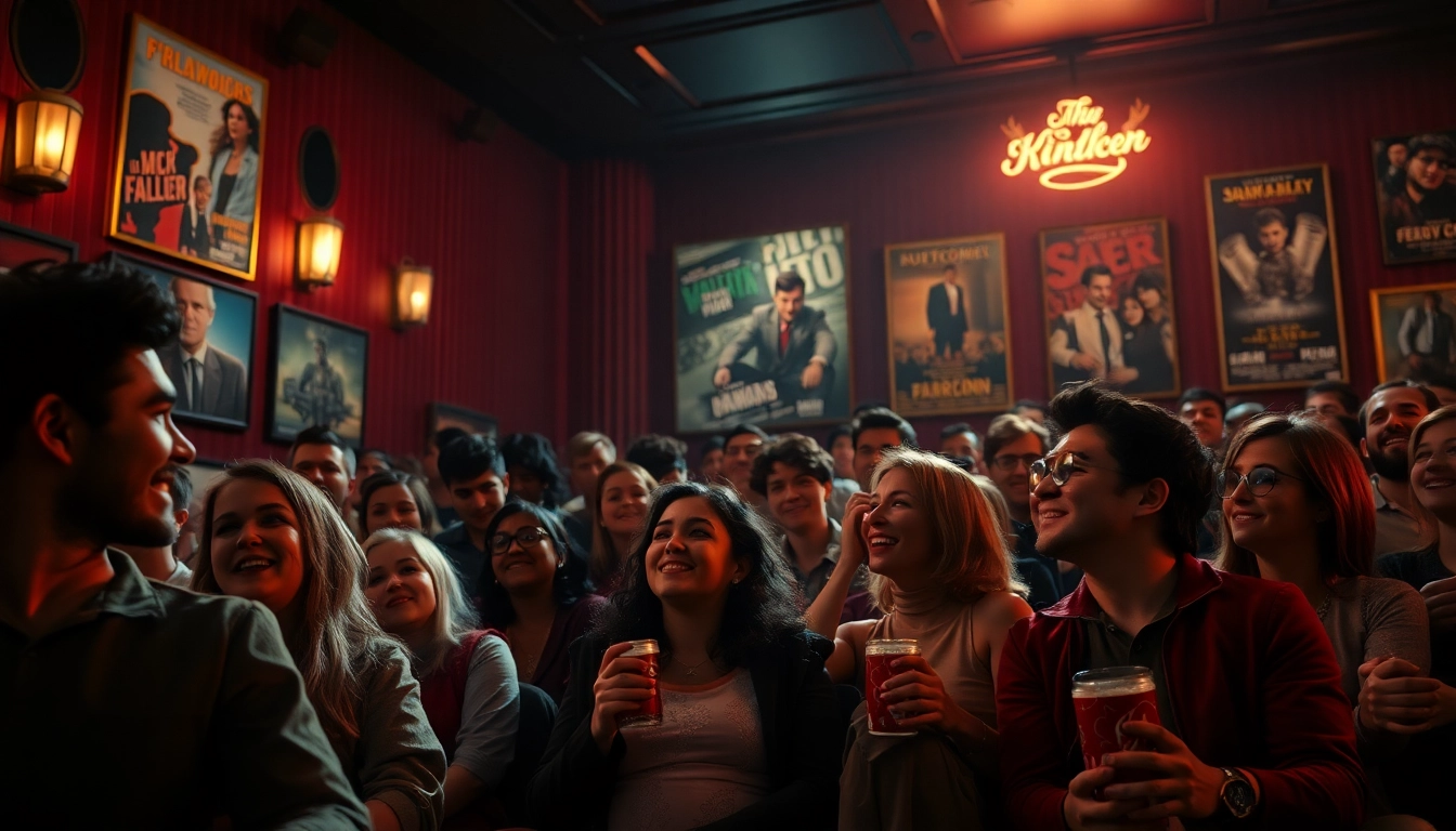 Excited moviegoers discussing films in a vintage theater.