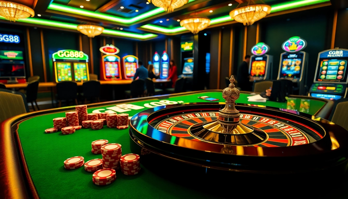 Engaging scene of high-stakes gambling at a GG88 casino table with poker chips and cards.
