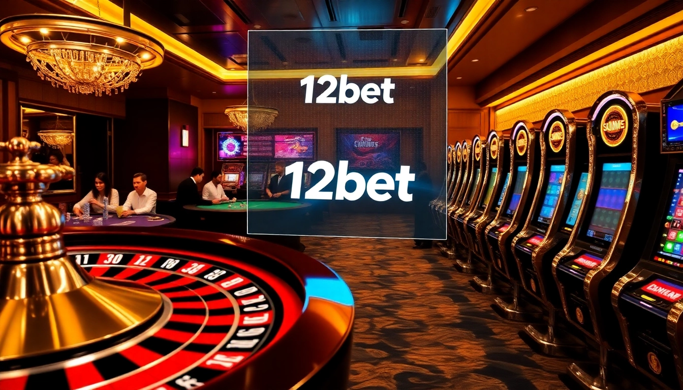 Engage in thrilling casino action and sports betting with 12bet, surrounded by vibrant gaming visuals.