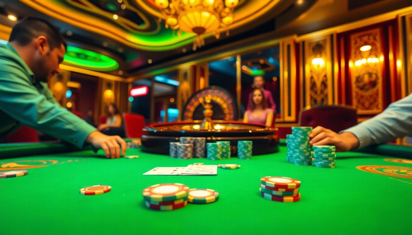 DAGA players strategizing at an upscale poker table in an elegant casino atmosphere.