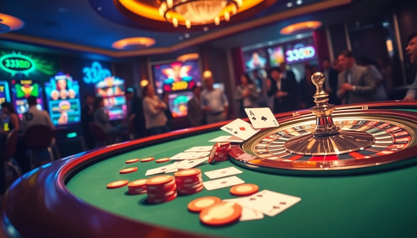 Engage with high-stakes gaming at 33BD with vibrant poker chips and a spinning roulette wheel.