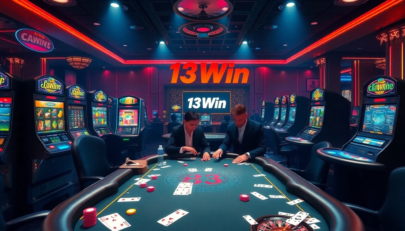 Players engage intensely at the 13Win poker table while vibrant slot machines light up the background.