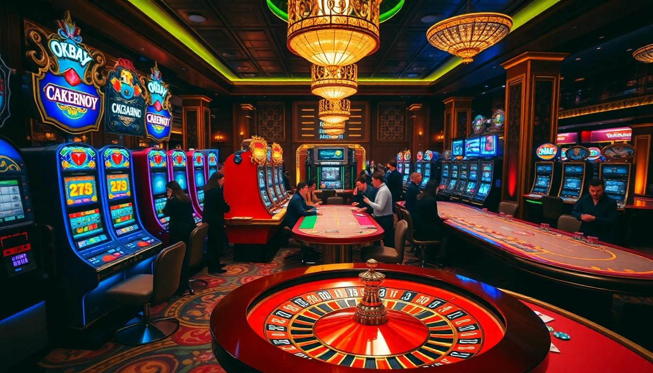 Engaging in high-stakes gambling at a luxurious casino featuring vibrant tables and slots, okbay excitement.