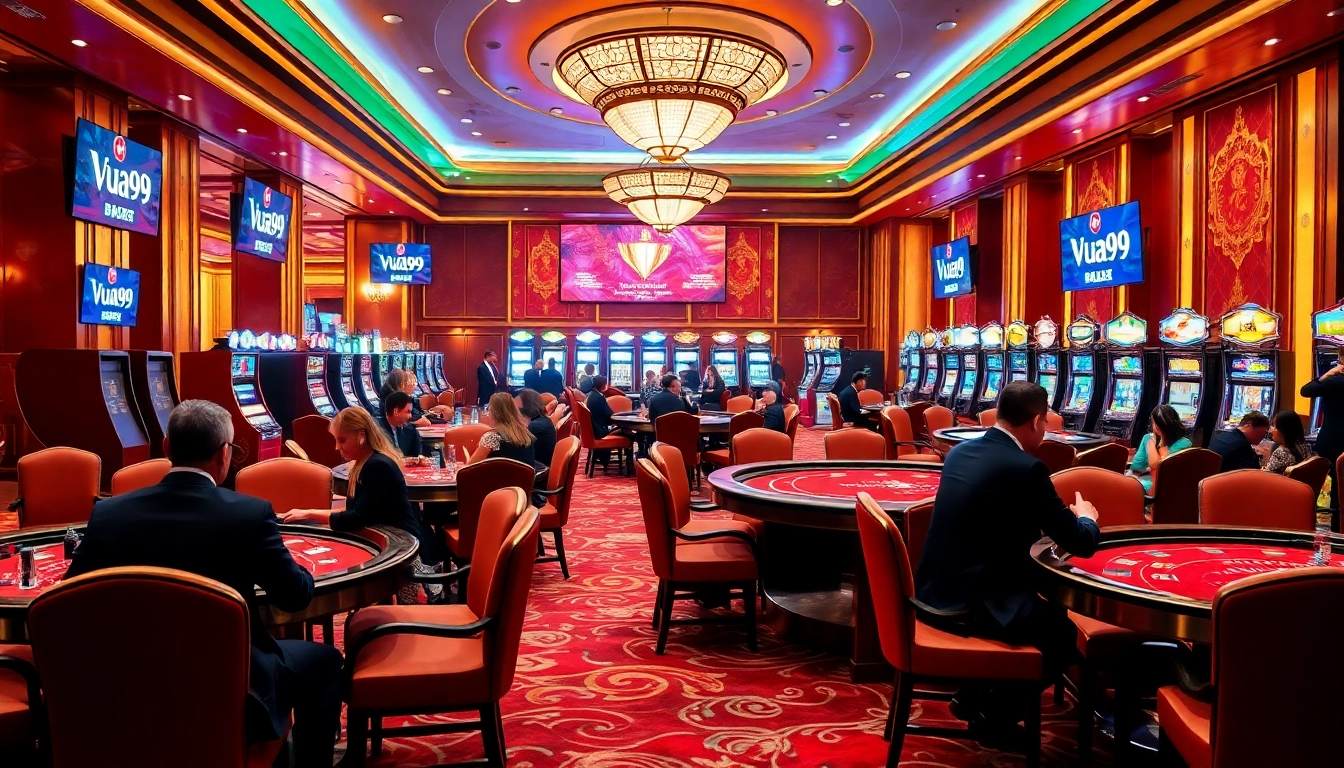 Players enjoy thrilling casino games at Vua99 with vibrant atmosphere and luxurious decor.