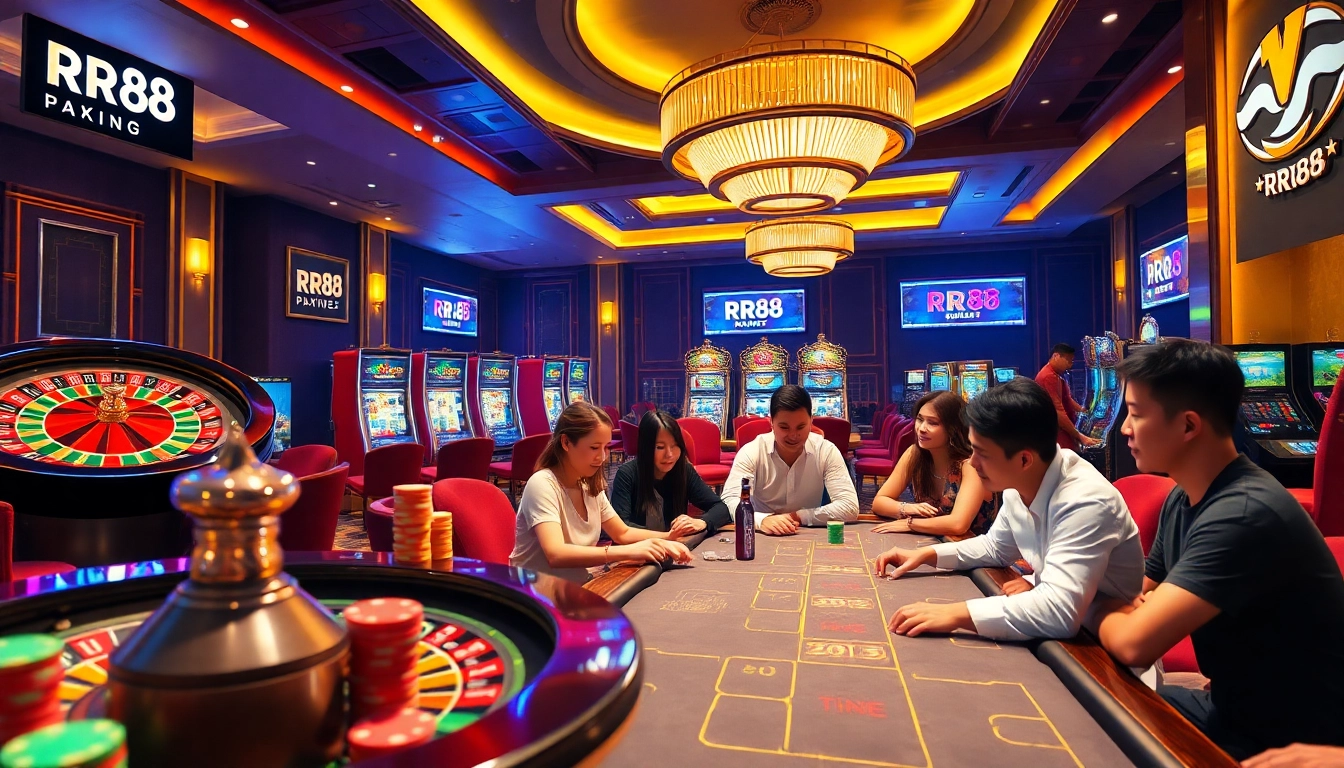 RR88 players engaging in a thrilling casino experience with roulette and poker chips.