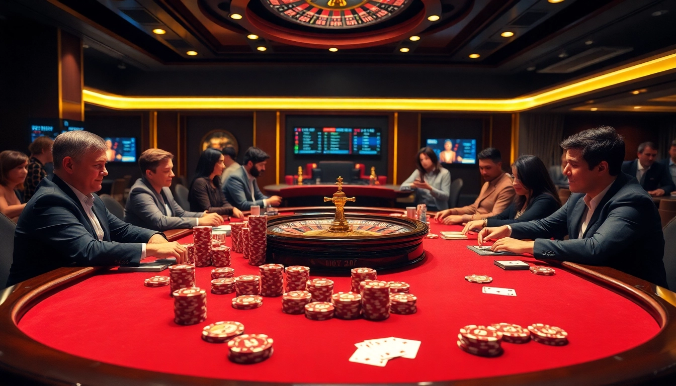 Excited gamblers engaging in a high-stakes Go8 poker game at a luxurious casino.