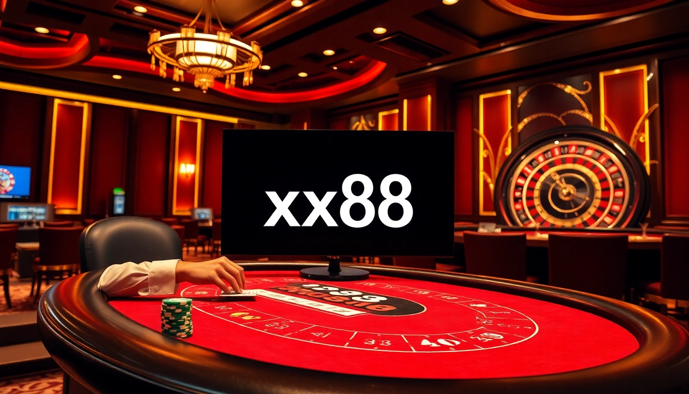 Exciting gambling scene at a luxurious casino with the xx88 logo on display featuring poker chips and roulette.
