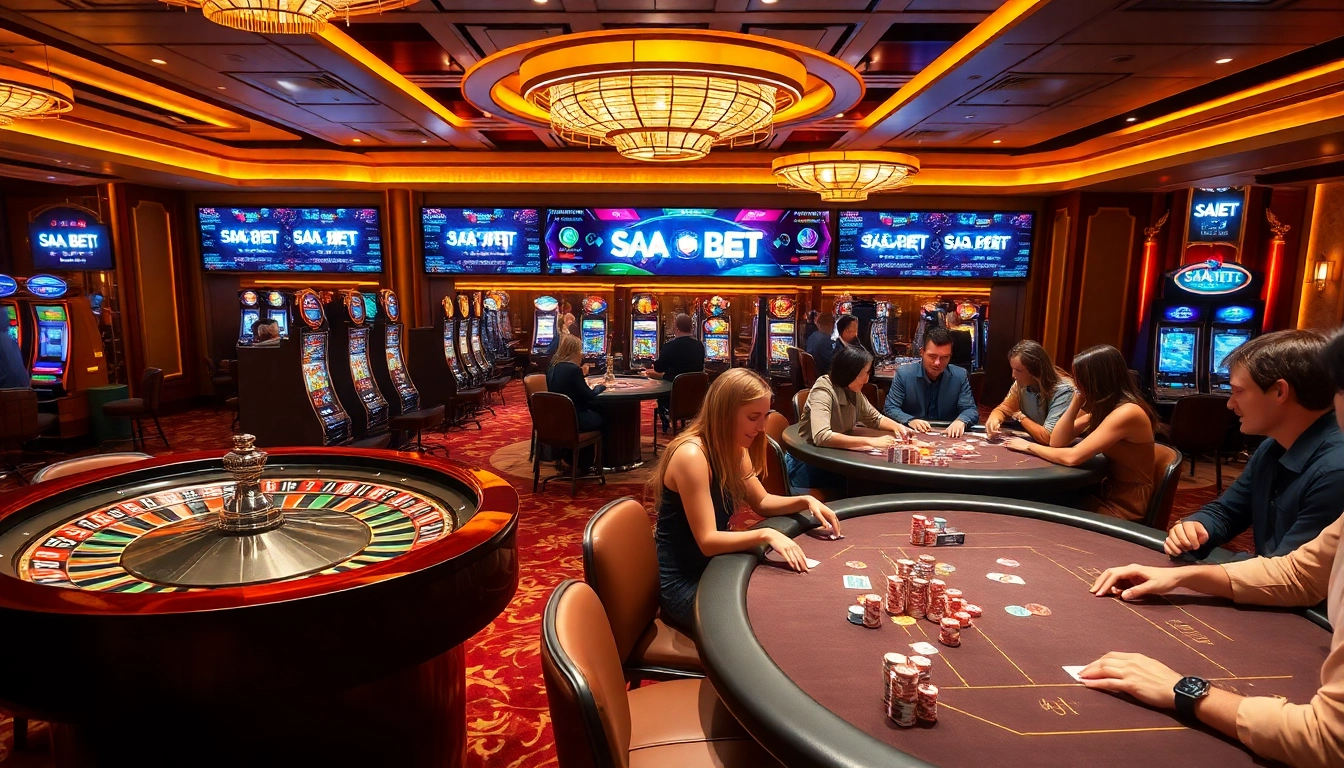 Engaging players in a lively SAO BET casino environment with vibrant tables and colorful games.