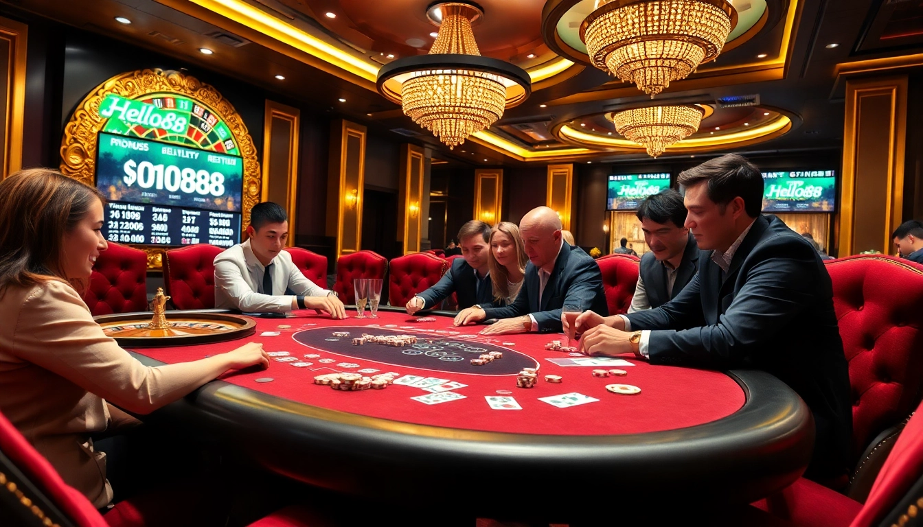 Engaging scene at the Hello88 casino showcasing excitement with players at poker and roulette tables.