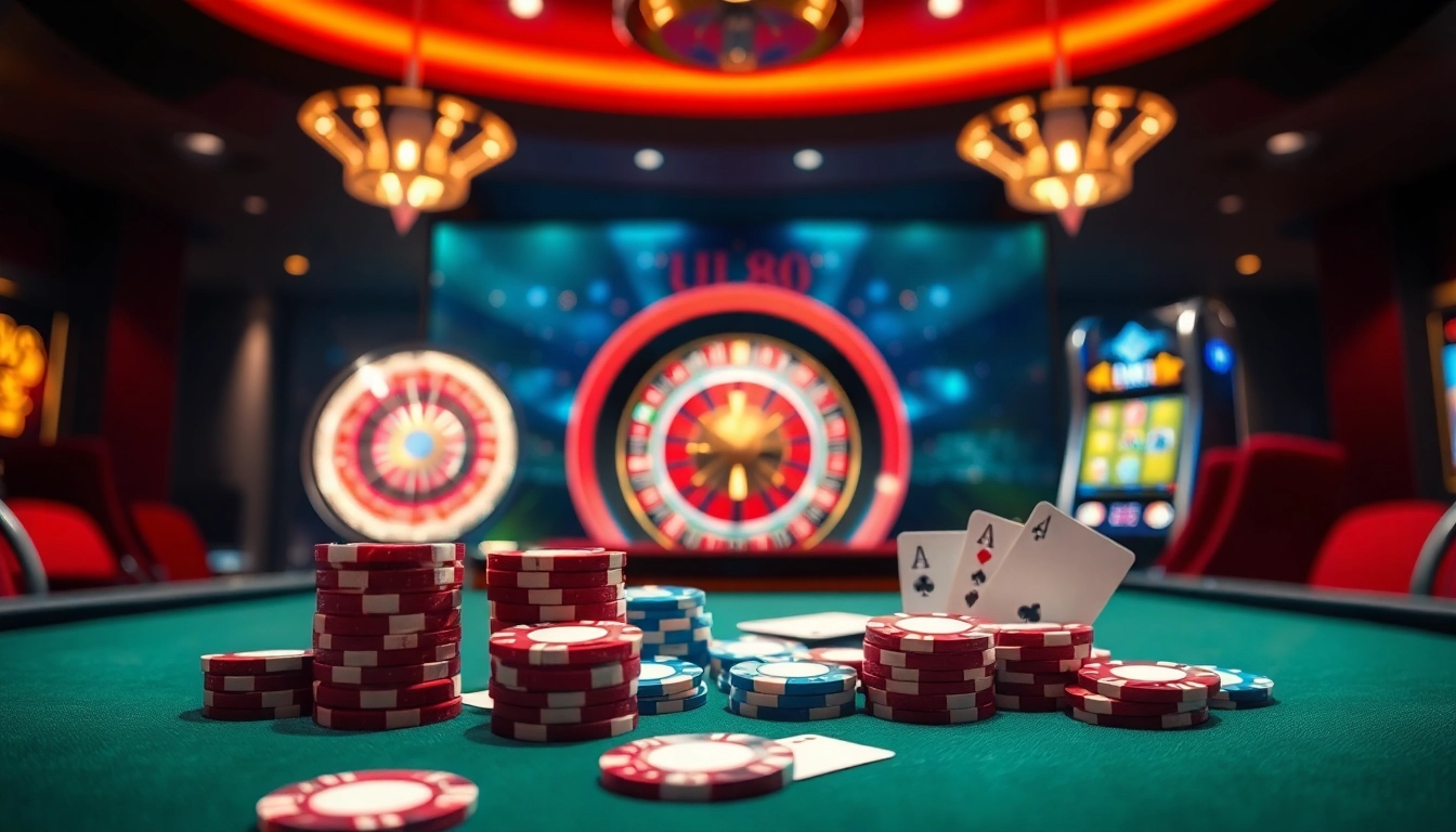 Engaging casino scene showcasing UU88 with poker chips, cards, and a roulette wheel.