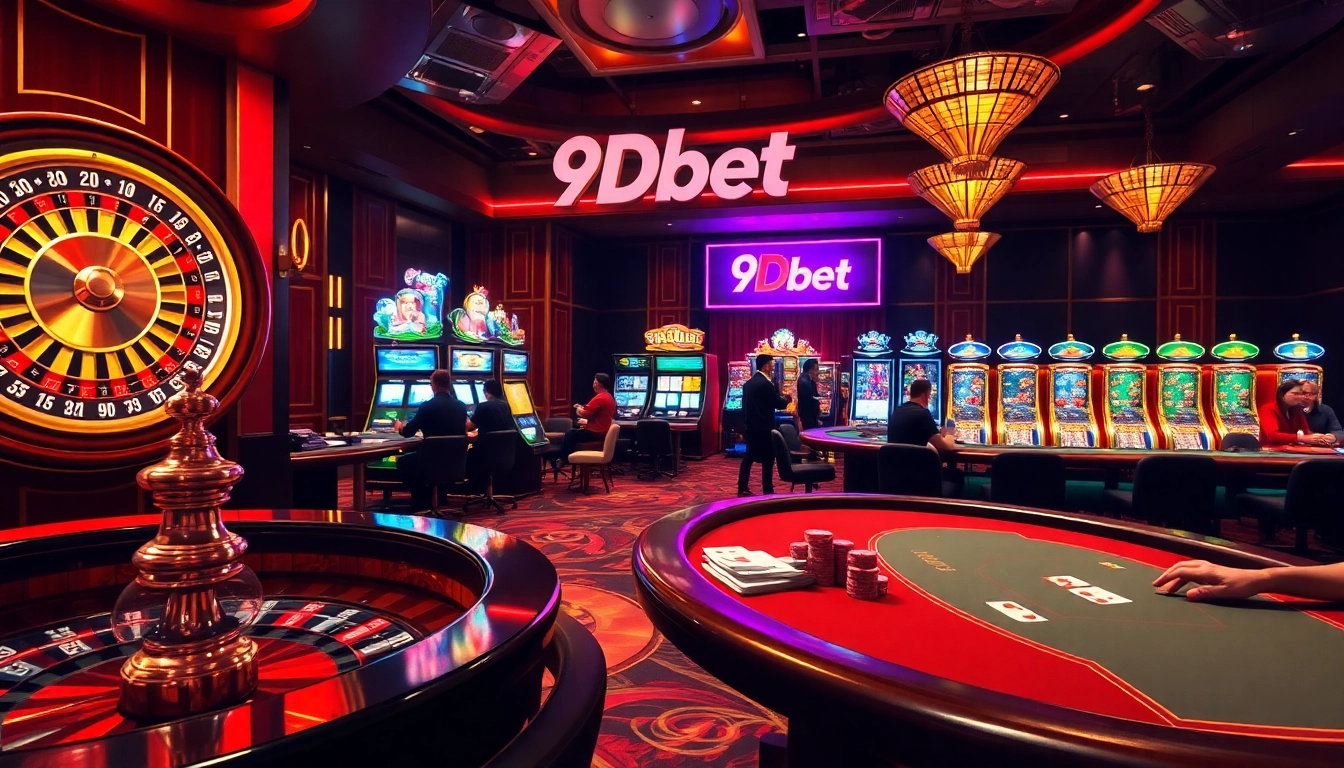 Experience thrilling games at 9Dbet with a vibrant casino scene featuring roulette and poker.