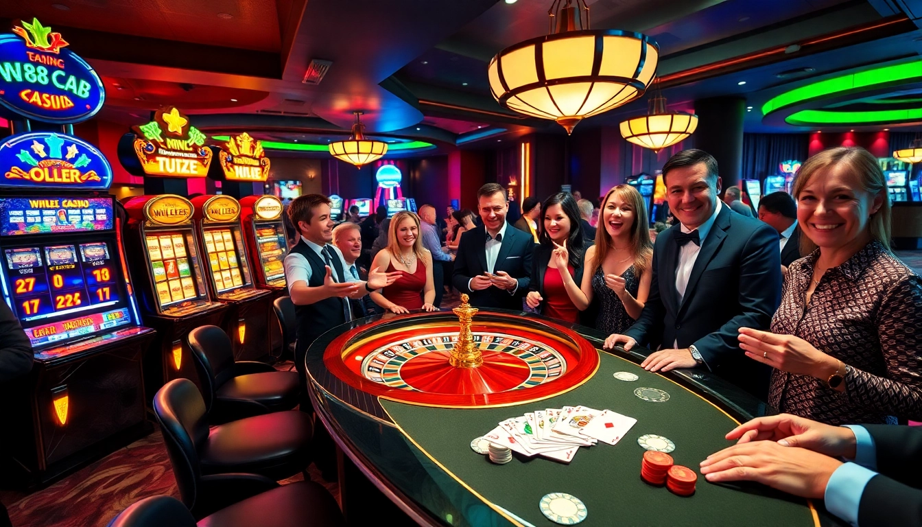 Players enjoying high-stakes games at the w88 club casino table with vibrant slot machines and roulette wheels.