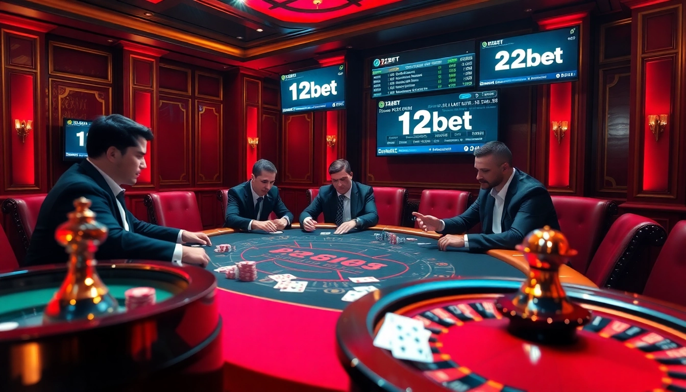 Engage in thrilling gameplay at 12bet's luxurious casino, featuring poker tables and sports betting screens.