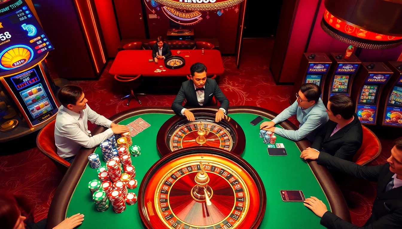 Engaging players at KING88's casino table, showcasing poker chips and roulette excitement.