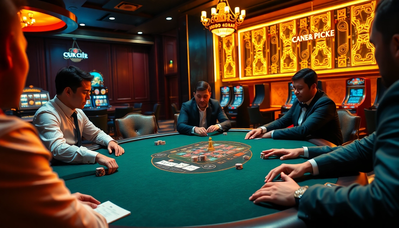 A thrilling poker game at https://urr88.com/, featuring professional players surrounded by luxurious casino elements.