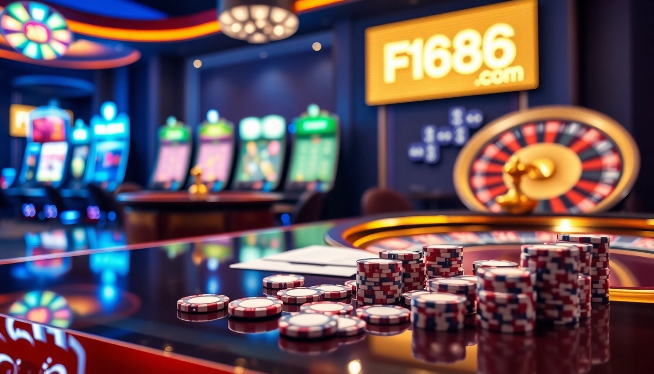 Experience gaming excitement with F168 com, showcasing luxurious casino elements and vibrant slot machines.