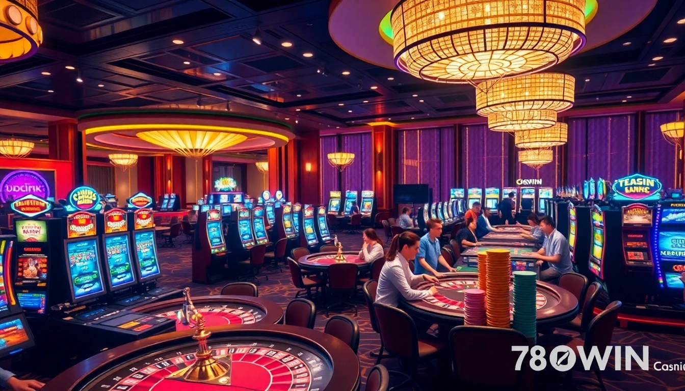 Exciting gambling action at 78WIN casino with vibrant roulette and slot machines.