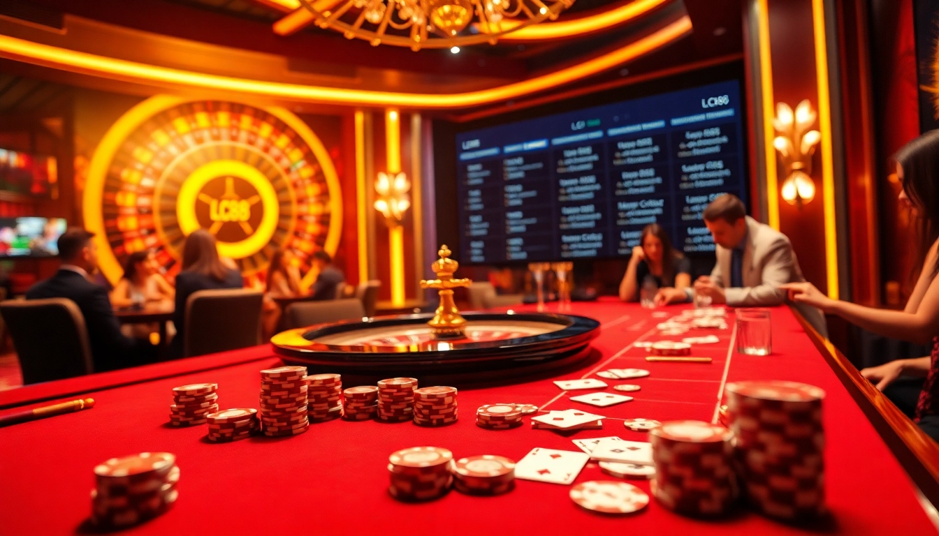 Experience exhilarating gameplay at LC88 casino, with vibrant tables, chips, and a roulette wheel.