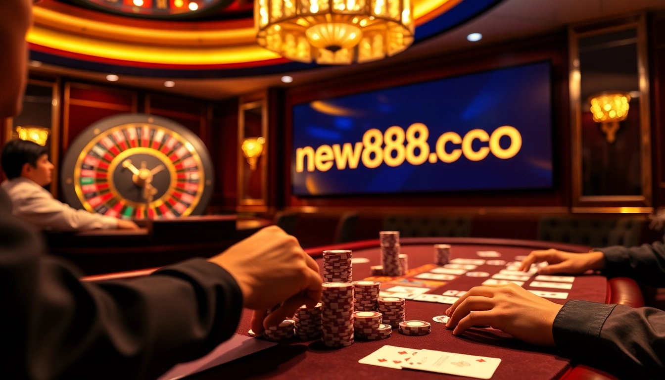 Players strategizing at https://new88c.co/ poker table with vibrant chips and cards.