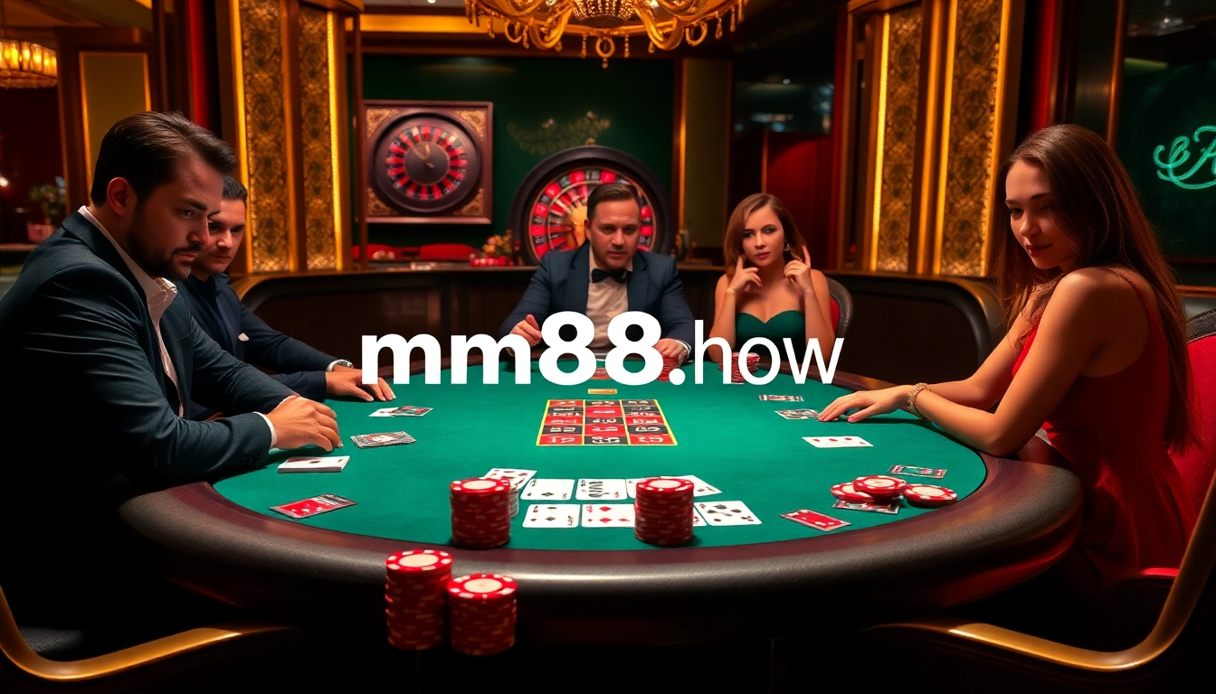 Experience the thrill of high-stakes poker at https://mm88.how/, surrounded by vibrant casino elements and a luxurious atmosphere.