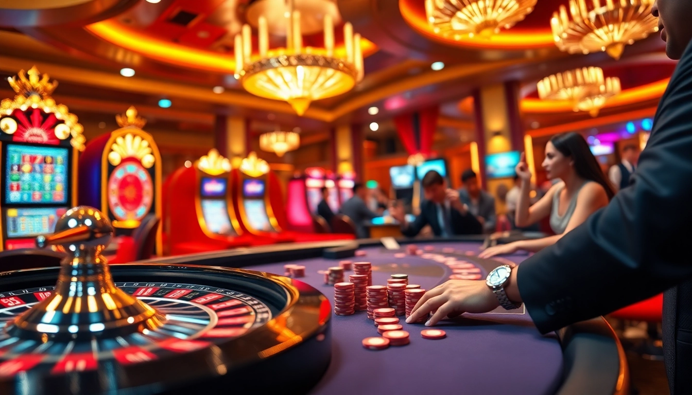 Engaging gamblers in a vibrant casino scene featuring 7m poker chips and roulette excitement.
