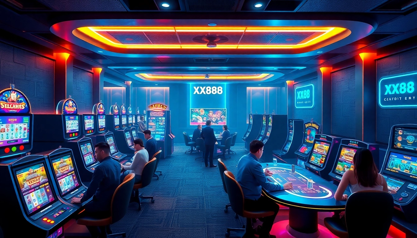 Experience the excitement of XX88's modern online casino with vibrant gaming tables and engaging players.