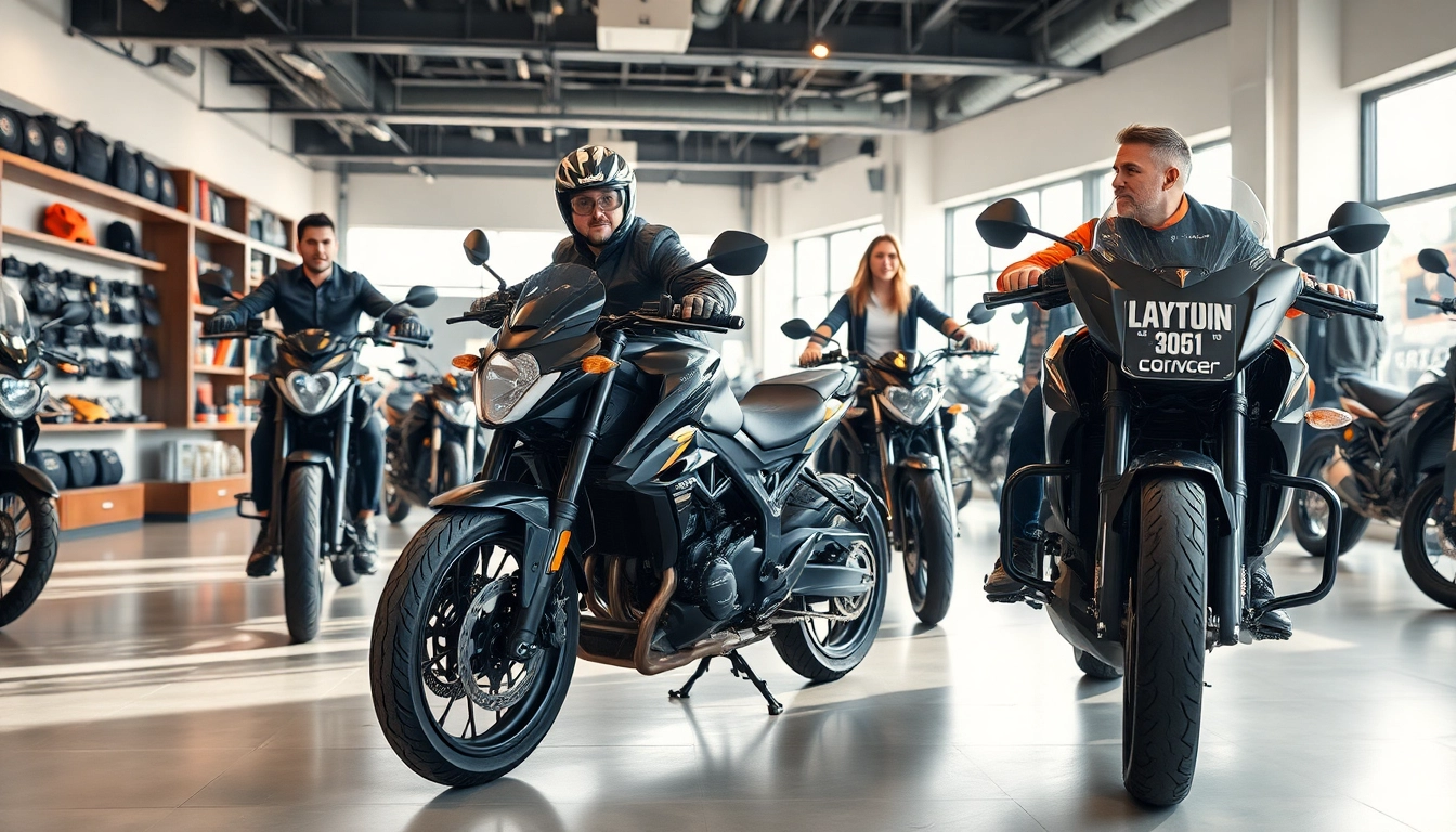 Vitrine de motos de haute qualité chez Motopaco, avec des accessoires élégants qui promeuvent l'aventure.