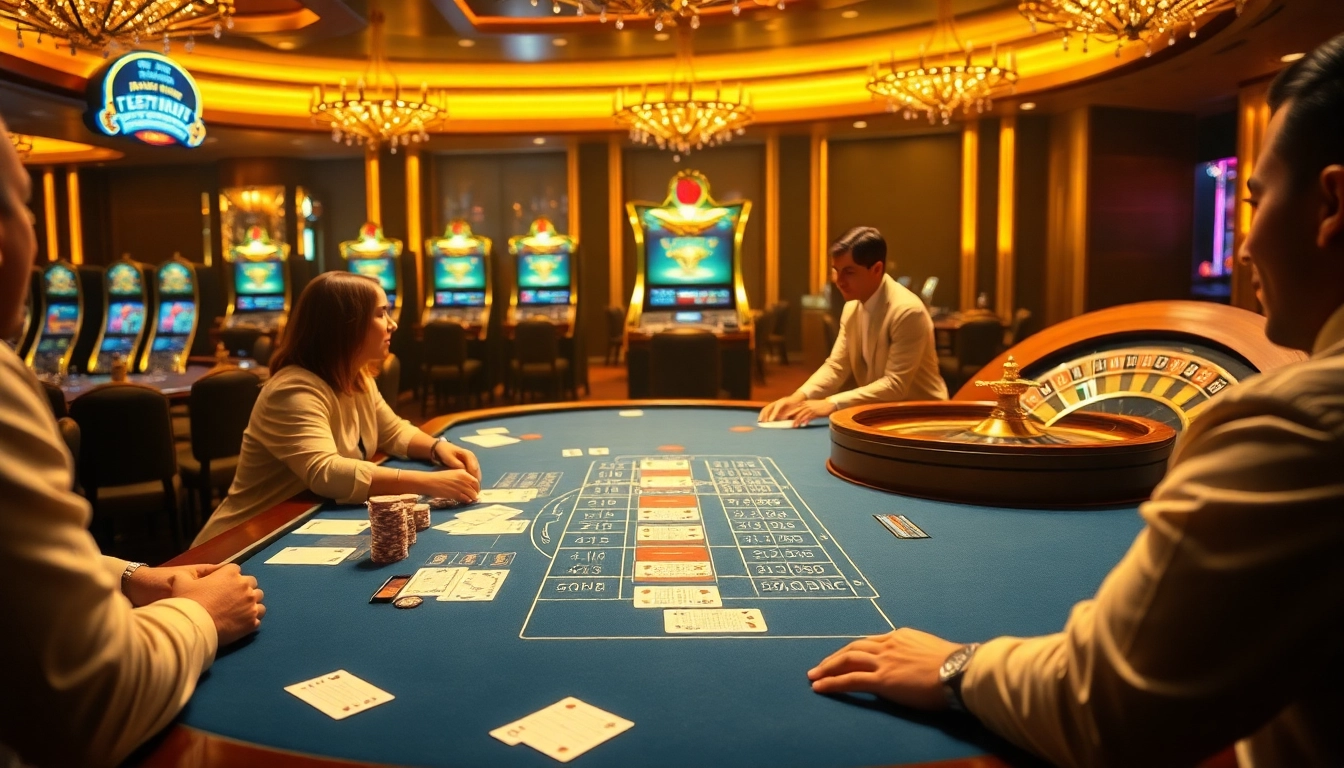 Experience the excitement of jeetbuzz live net with engaging blackjack players surrounded by vibrant casino elements.