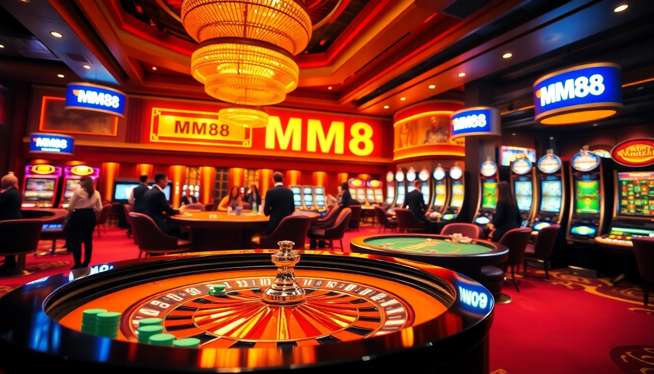 MM88 casino scene featuring poker tables, roulette wheel, and slot machines in a luxurious atmosphere.