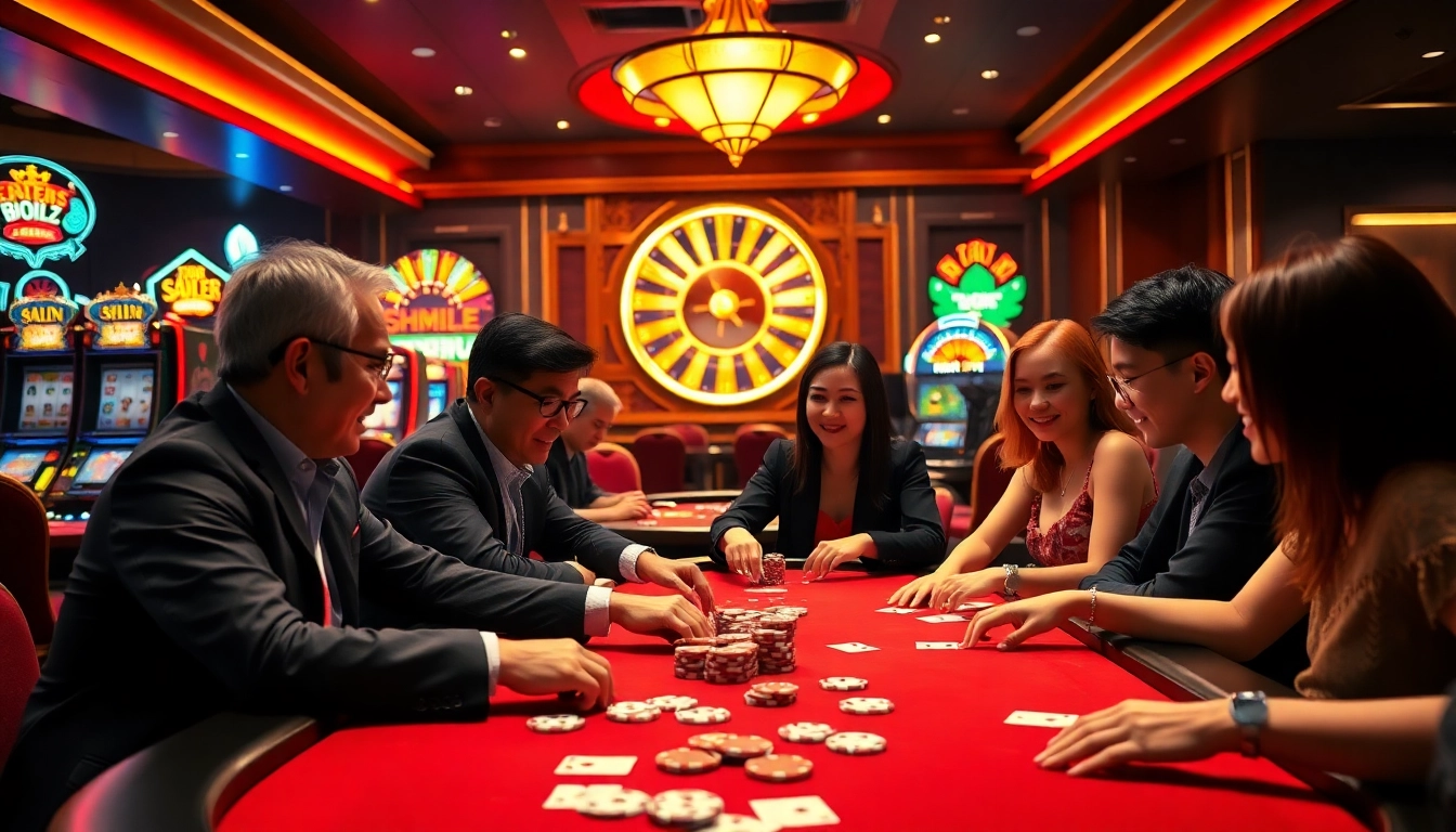 Players at the nhà cái 88clb casino enjoy an exciting poker game amid bright slot machines and gaming tables.