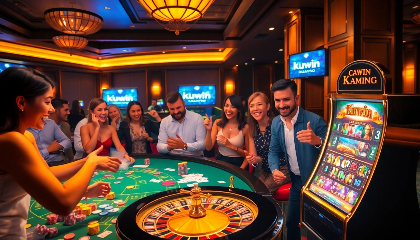 Exciting gambling scene showcasing kuwin đăng nhập with players at casino tables and colorful gaming devices.