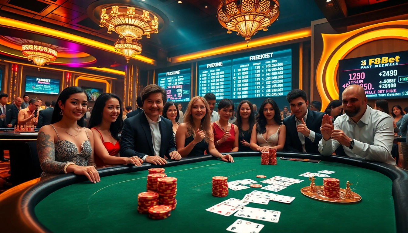 Experience the excitement of F8Bet at a luxury poker table with vibrant gamblers and lavish decor.