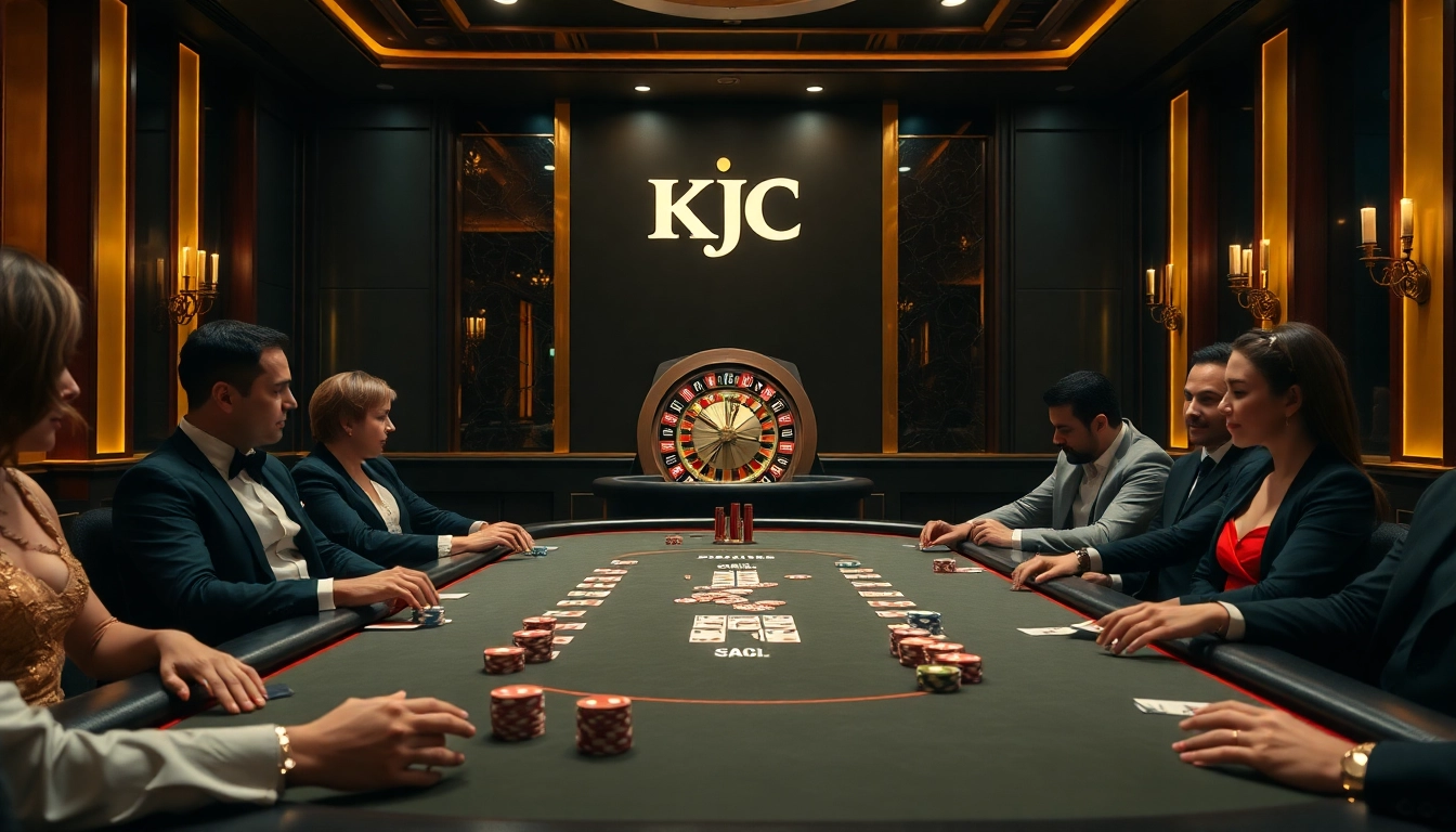 KJC casino scene with players enjoying a high-stakes poker game, showcasing luxury and excitement.