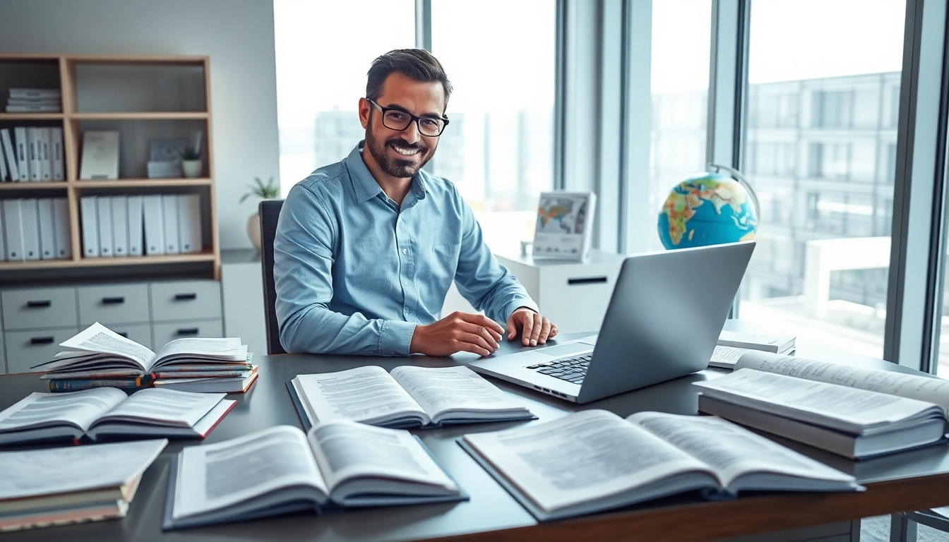 Certified translator working in a modern office with documents and a laptop.