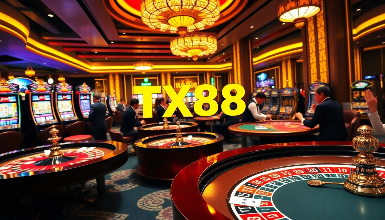 Experience TX88 online gambling with vibrant casino tables, cards, androulette wheels in an opulent setting.