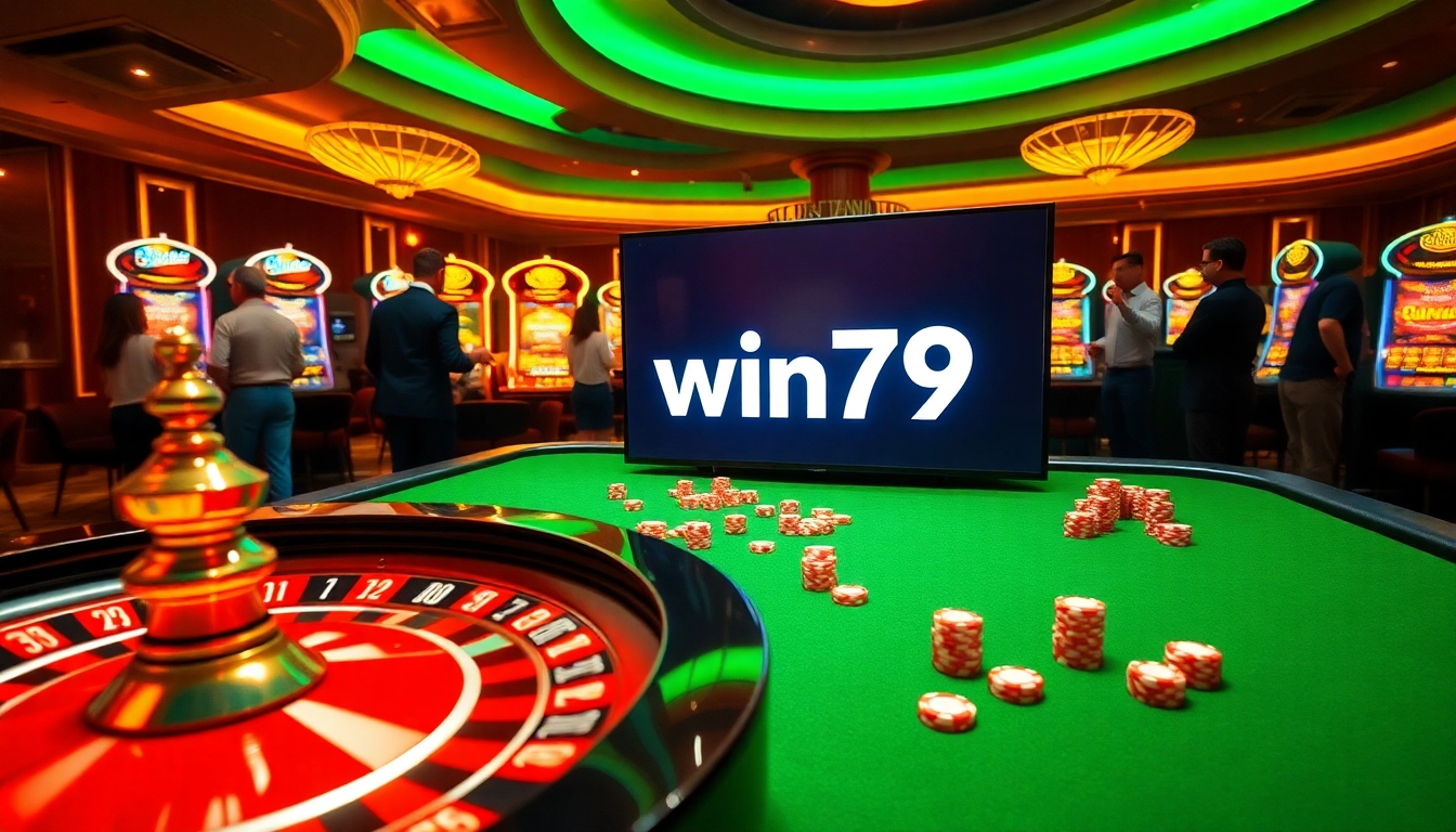 Experience the excitement at a casino with the link win79 displayed on a digital screen surrounded by vibrant gaming elements.