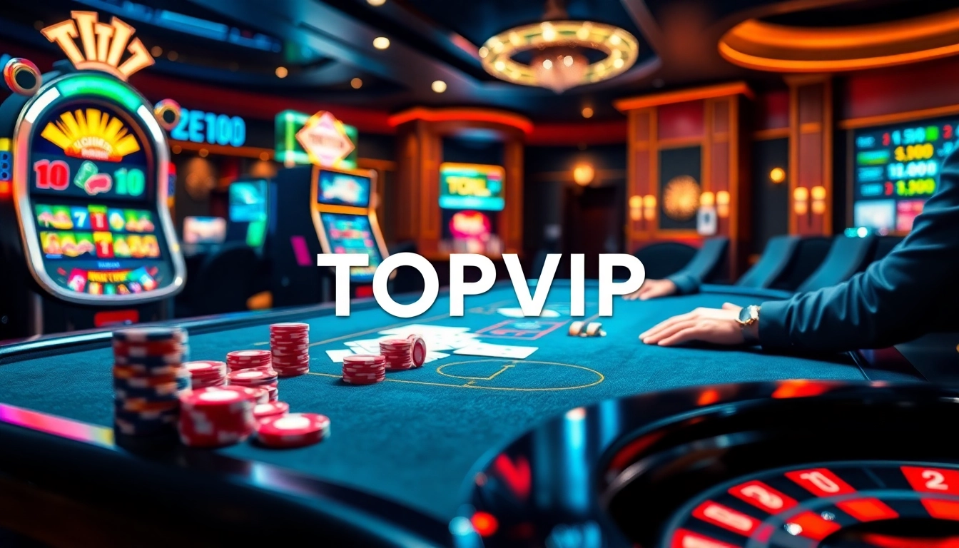 Action at the TOPVIP poker table with vibrant chips and cards in a luxurious casino setting.