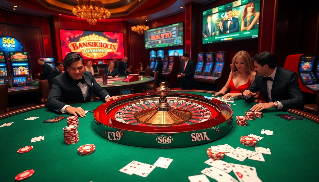 S666 trang chủ showcasing an exciting casino scene with players at a roulette table and vibrant slot machines.