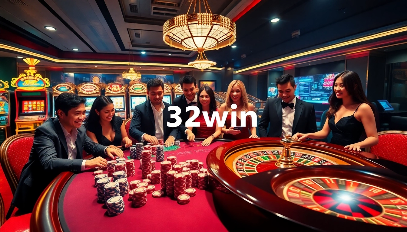 Engaging players celebrating wins at a vibrant casino backdrop highlighting 32win đăng nhập with excitement.