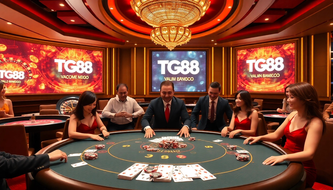 Engage in thrilling gaming action at TG88 casino with vibrant tables and excited players.