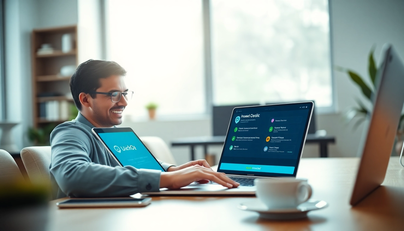 用户在明亮的工作空间中，使用笔记本电脑上的 QuickQ官网，享受安全的在线体验。