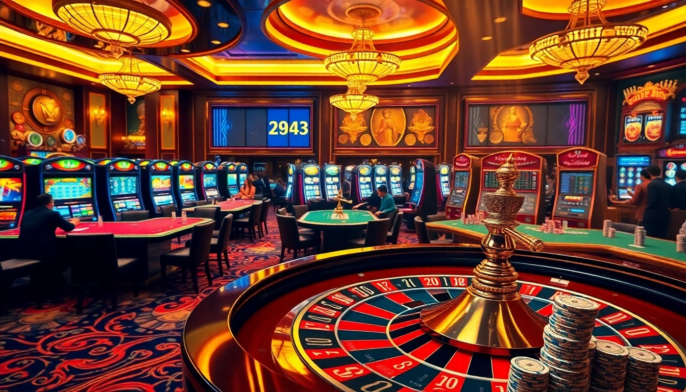 Players celebrating wins at 98win casino tables with vibrant slot machines in the background.