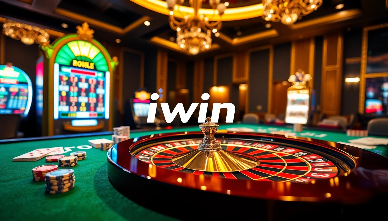 Iwin casino ambiance with players gathered around a roulette table, showcasing excitement and luxury.