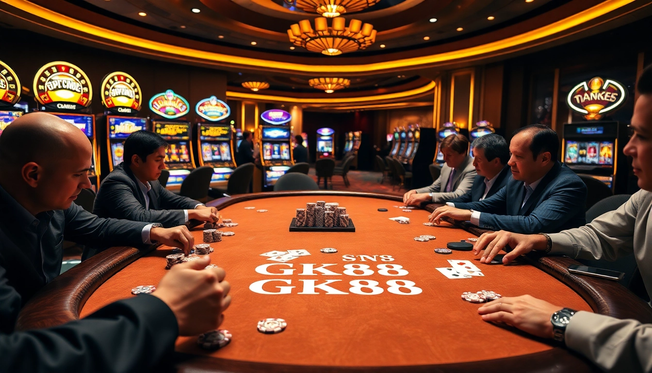 Action at a GK88 poker table with vibrant chips and high-stakes gaming atmosphere