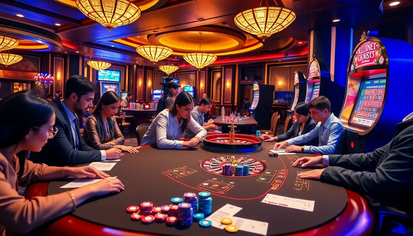 Betting excitement at https://mk8th.net/ with players at a poker table and roulette wheel.
