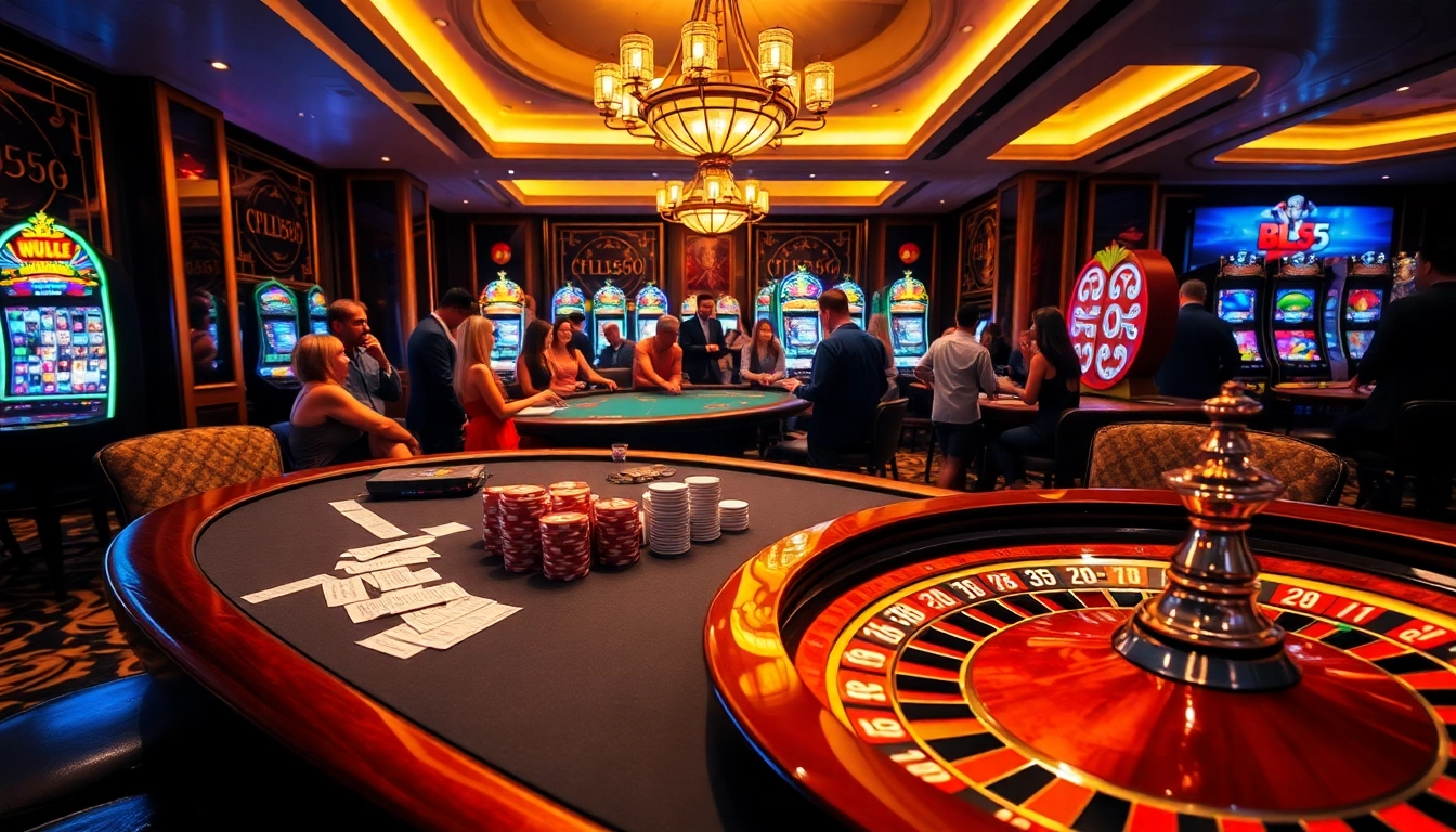 A dynamic gaming scene illustrating nhà cái thể thao BL555 with poker chips and a roulette wheel in a luxury casino setting.