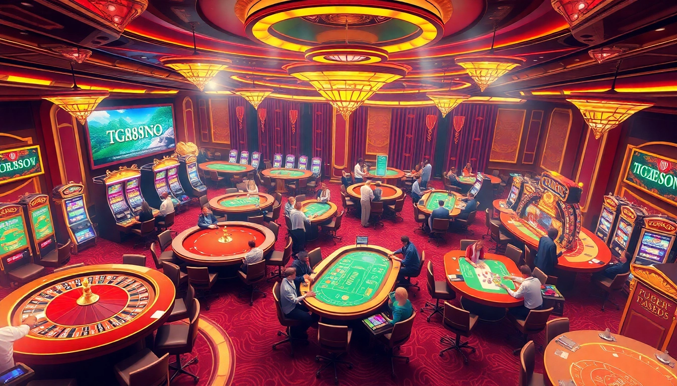 Experience thrilling gameplay at TG88 casino with vibrant tables, bright lights, and exciting players.