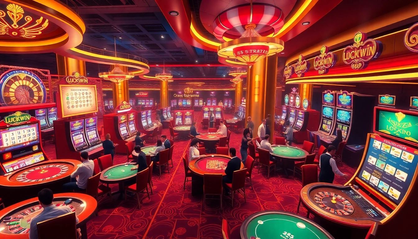 Exciting luckywin lottery scene showcasing vibrant casino games and celebrating players.